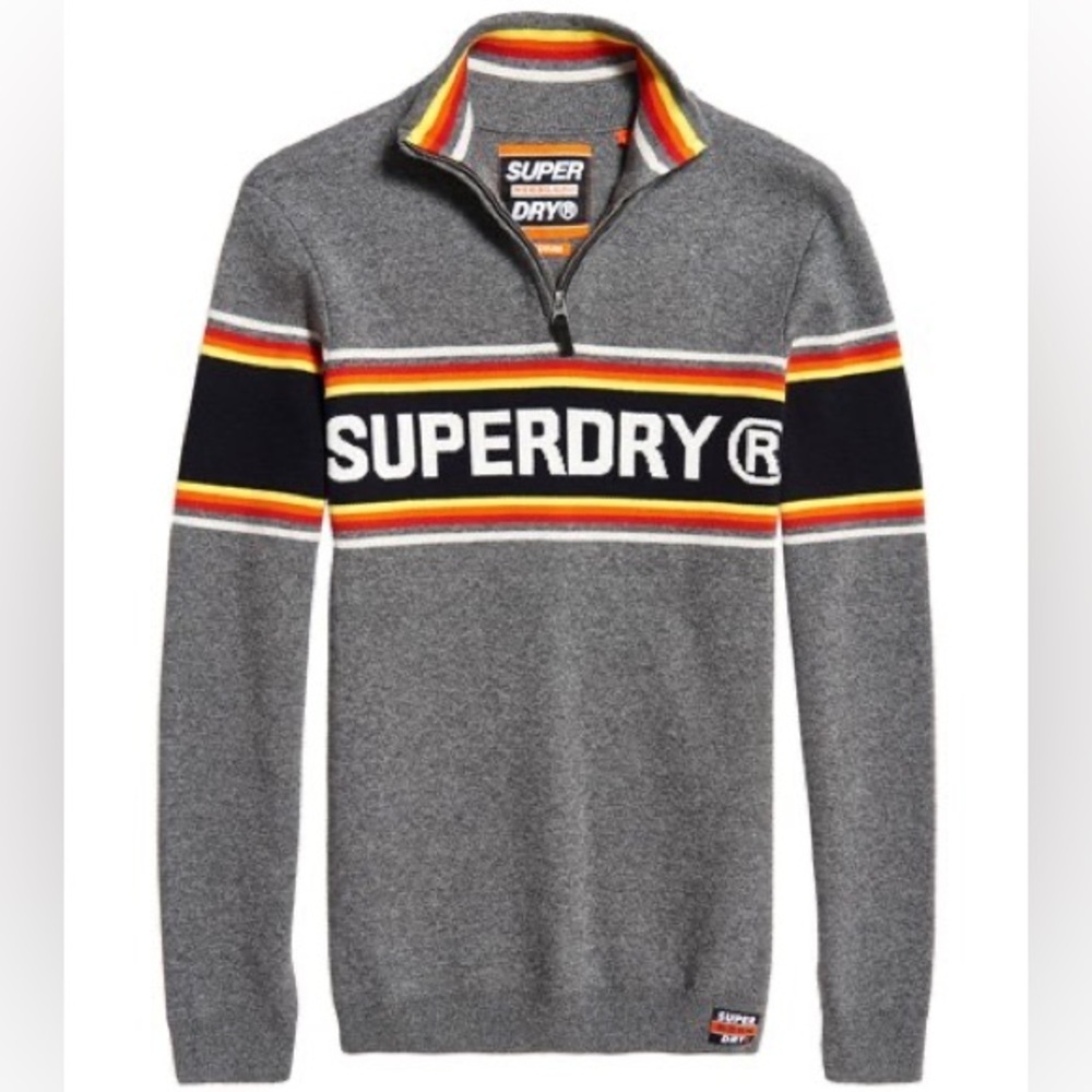 Superdry Grey Pullover Sweater with Black, Red and Yellow Stripes